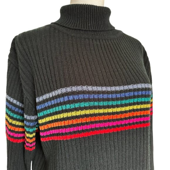 Vintage Rainbow Stripe Black Turtleneck Sweater Size M - Picture 2 of 5